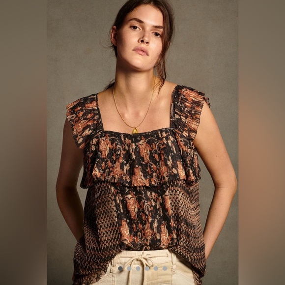 Anthropologie Let Me Be Olympia Plisse Boho Print Sleeveless Blouse- Size 8 - Picture 2 of 8